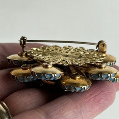 Vtg Mid Century Turquoise Blue Floral Statement Brooch Gold Tone 1960’s Couture