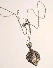 Edwardian Pendant / Necklace, Sterling Silver Filigree, Marcasites, 28 in. Chain