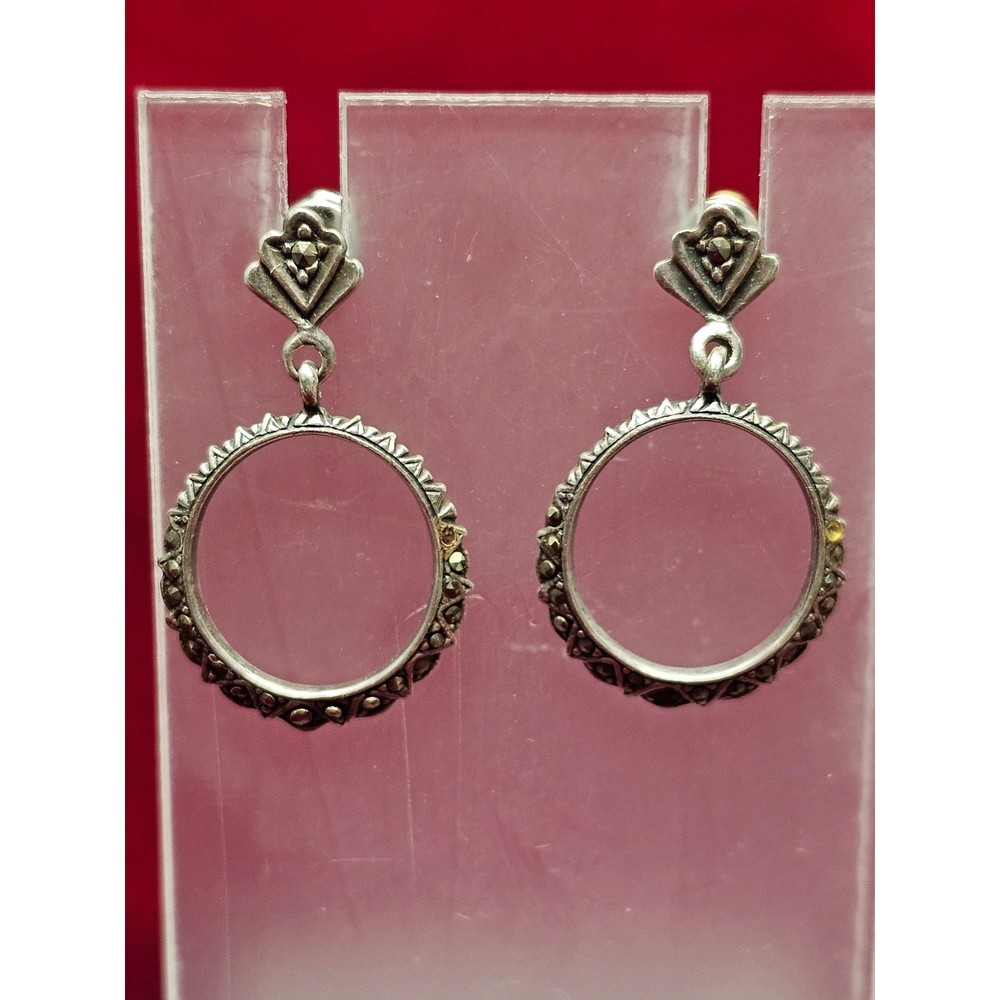 Vintage Sterling Silver Marcasite Open Circle Drop Earrings