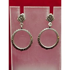 Vintage Sterling Silver Marcasite Open Circle Drop Earrings