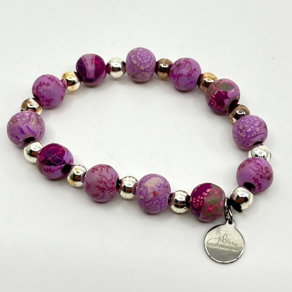 VTG Jilzara Y2K Purple Floral Polymer Clay Bead Stretch Bracelet Silver Accents