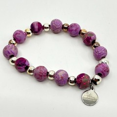 VTG Jilzara Y2K Purple Floral Polymer Clay Bead Stretch Bracelet Silver Accents