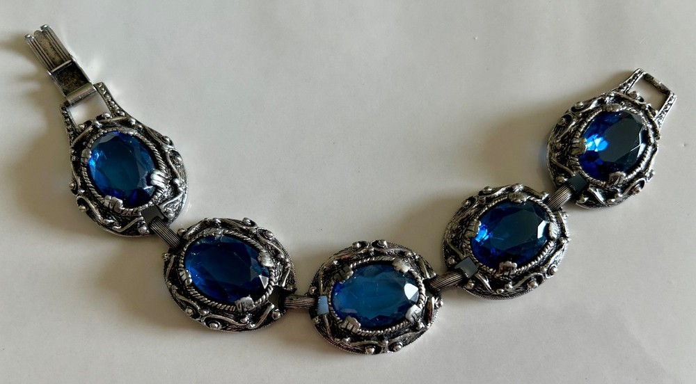 Vintage Silver Tone Blue Faceted Glass Bracelet Victorian Revival Gothic Style