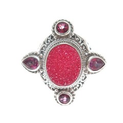 SARDA 925 Sterling Vintage Real Druzy Pink Topaz & Tourmaline Ring Size 5.25