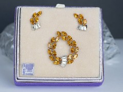 b david signed vintage amber rhinestone brooch and earrings set original box