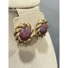 Earrings Pink Glass Cabochon Gold Tone Vintage Twisted Rope Border Clip On Post