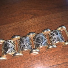 1940’s Heavy Chunky Spanish Damascene Link Bracelet Gold Black Silver