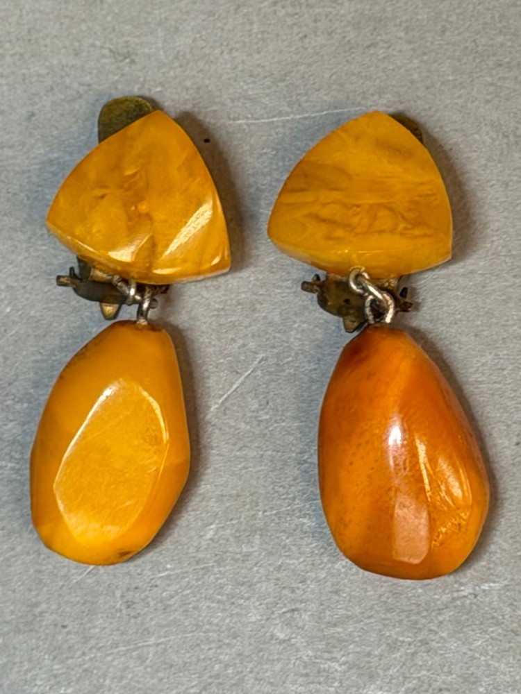 Vintage Soviet Baltic Egg Yolk Butterscotch Amber Dangle Clip On Earrings 6.9g