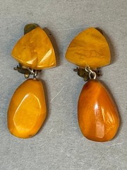Vintage Soviet Baltic Egg Yolk Butterscotch Amber Dangle Clip On Earrings 6.9g