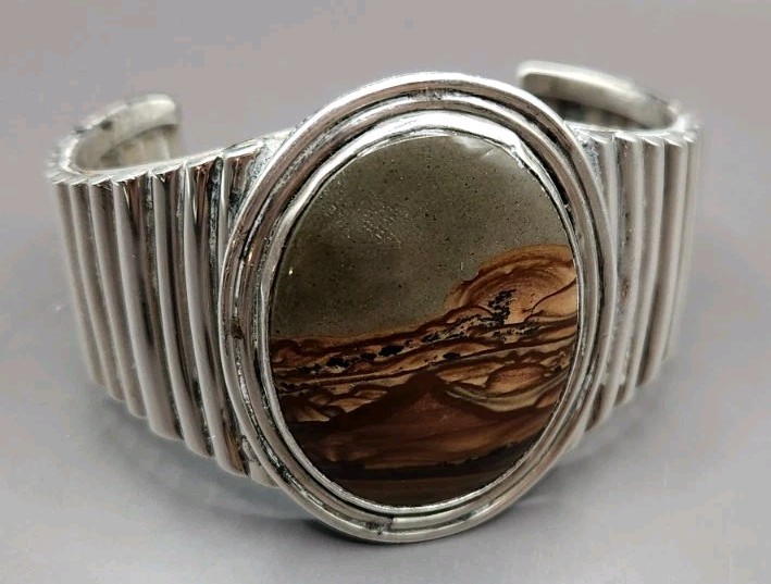 Vintage Navajo Picture Jasper Sterling Silver Cuff Bracelet Small 6″ No Markings