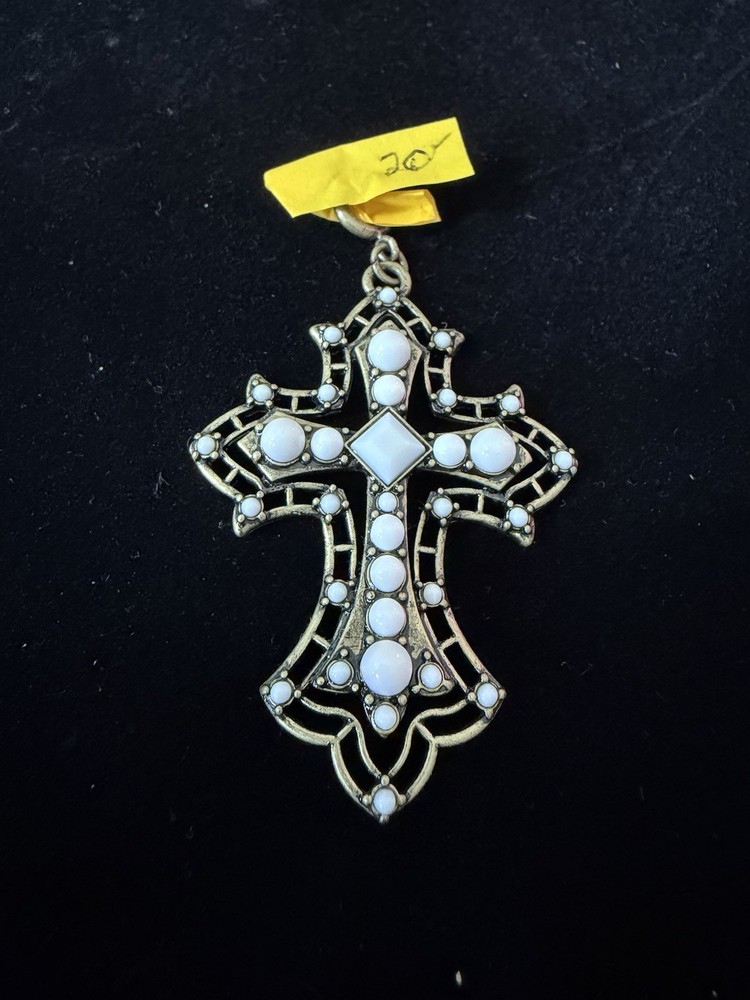 Vintage Style Bronze Tone Cross Pendant With White Beads