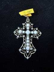 Vintage Style Bronze Tone Cross Pendant With White Beads