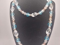 Vintage Monet Glass Pastel Beaded Clear Blue Pink Silver Tone Necklace Hang Tag