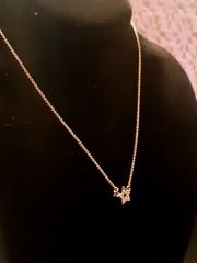 Signed & Goldtone Double Star And Rhinestone & Necklace. 18″ adjustable length