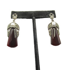 Art Deco Style Sterling Silver .925 Brown Gemstone Marcasite Pierced Earrings