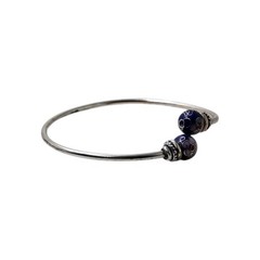 925 Silver Blue Cloisonne Floral Enamel Bead Bangle 1950s-1970s 7.1g