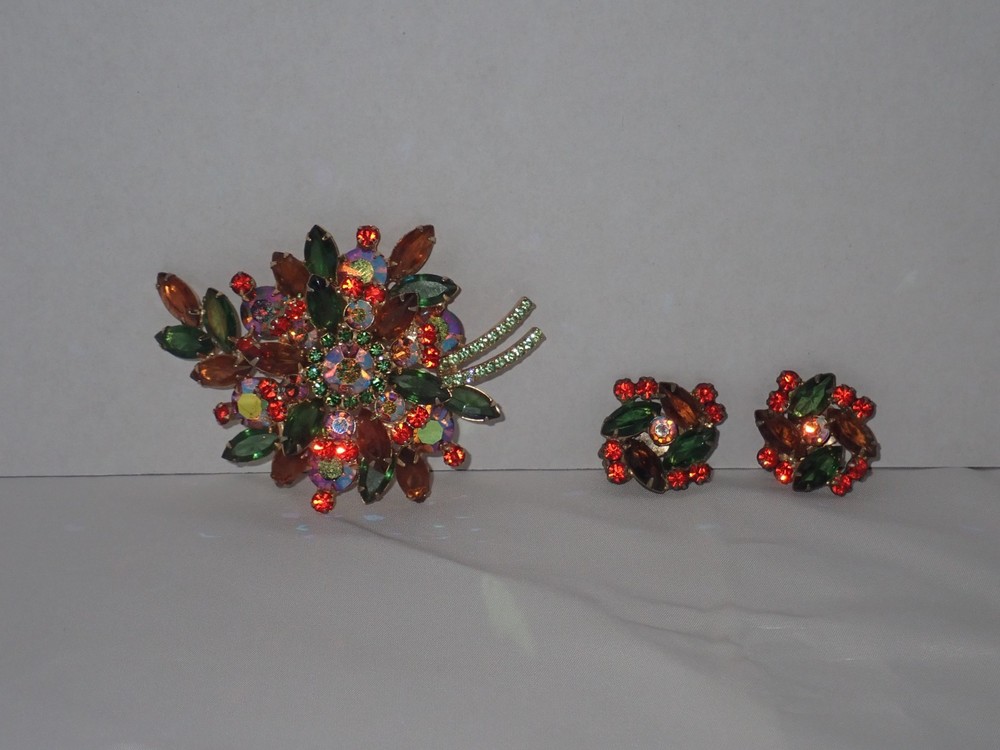 Vintage D&E Juliana Topaz Orange Brooch and Earring Set, Costume Jewelry