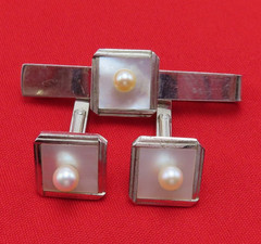 Caribe Sterling Silver Vintage Cufflinks Tie Bar Set White Pearl Cuff Links 252h