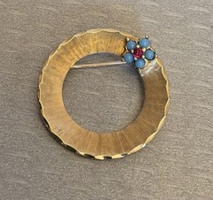 60s Retro 14K Brushed Gold Circle Pin Turquoise Ruby Flower Vintage Brooch 1″