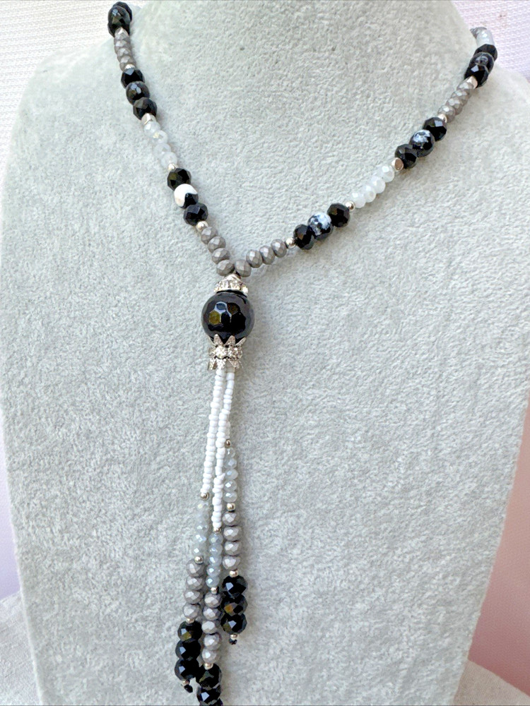 VTG DRESSY GOTH Quartz polished Crystal Glass Genuine Stone Beaded Necklace y2k