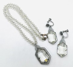 Art Deco Faceted Glass Rhodium Filigree Necklace & Earrings Vintage Jewelry