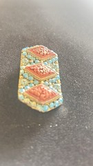 Vintage Nepal Brooch Pin Brass Coral & Turquoise Inlay Tibetan Tribal Jewelry