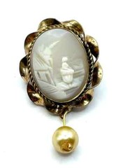 Landscape Grey and White Cameo and Pearl Pin