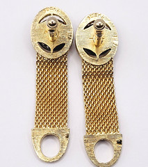 Swank Brown Lucite Tigers Eye Cabochon Center Gold Mesh Wrap Fancy Cufflinks