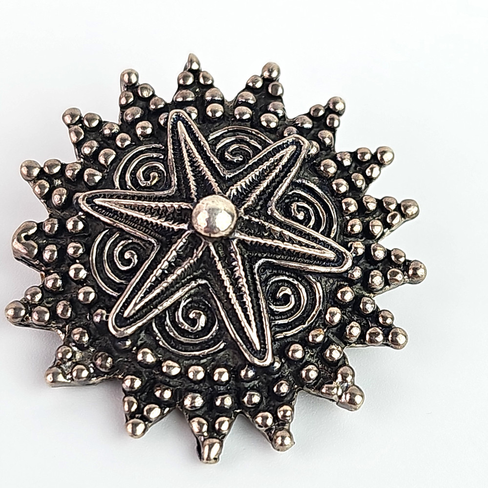 Vintage Mexico Sterling Silver 925 Starburst Brooch Pin Oxidized Artisan 1.25 in