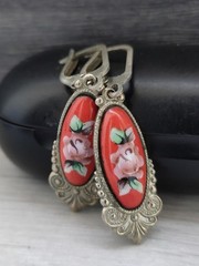 Vintage Enamel Russian Rostov Finift Earrings USSR Soviet Porcelain Hand Painted