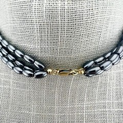 Vintage Beaded Necklace Hematite Shell Aventurine Triple Strand Gold Tone 24”