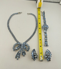 Weiss Bow Necklace Earrings Bracelet Set Sky Blue Rhinestones Set FABULOUS!