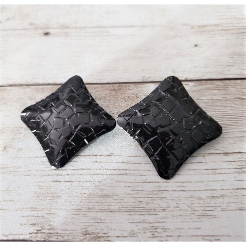 Vintage Clip On Earrings – Unusual Black Pattered Squished Square Shape
