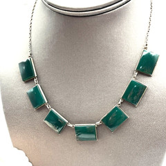 Vintage Art Deco Chrysoprase Open Back Bezel Sterling Collar Necklace 15.5″