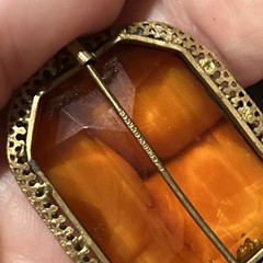 Vintage Nouveau Signed Czech Topaz Amber Glass Open Bezel Set Brooch Pin Amazing