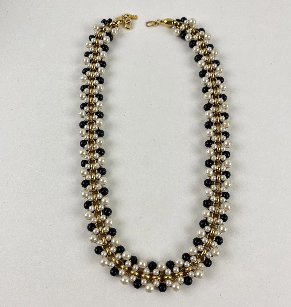Lady Remington Faux Pearl Beaded Cluster Necklace ~ White Black With Gold Tone