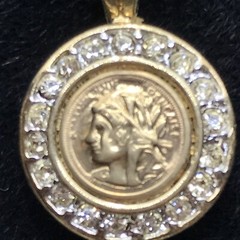 Vintage Costume Fashion Jewlery Gold tone faux Roman/Greek Coin Pendant