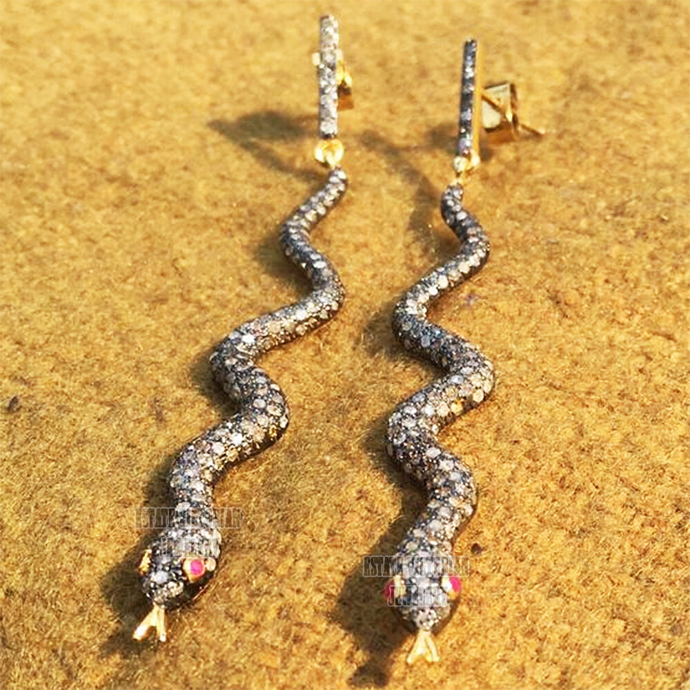 2.90ctw Real Old Mine Rose Cut Diamond Ruby Silver Vintage Snake Earring Jewelry
