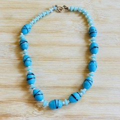 VTG Art Deco Czech Pastel Blue Glass Choker Necklace Retro Aqua Chunky Beads 16″