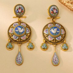 Vintage European Floral Bird Enamel Disc Drop Earrings Gold Victorian Jewelry
