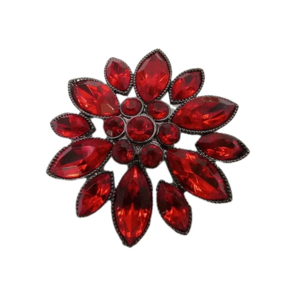 Vintage Floral Red Rhinestone Brooch Marquise Sunburst Gunmetal Pin 1 1/2 in D