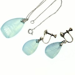 Antique Art Deco Marked Blue Glass Pagoda Sterling Silver Necklace Earrings Set