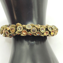 Amber & Clear Crystal Rhinestone Evening Wear Chunky Stretch Bracelet Gold Tone