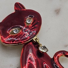 Vintage Red Enamel Articulated Cat Brooch Rhinestone Kitty Pin Retro MCM Kitsch