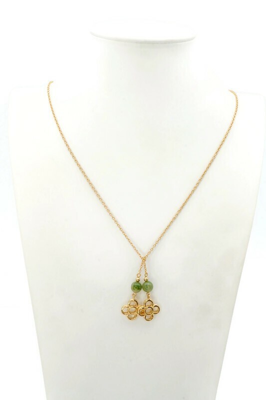 Vintage Lariat Necklace Gold Tone Faux Jade 34″
