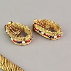 Mesh Necklace Huggie Clip Earrings Set Red White Blue Rhinestones Gold Tone 16″