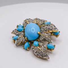 Jomaz Mazer Blue & White Rhinestone Gold Flower 2″ Brooch Pin Signed HTF