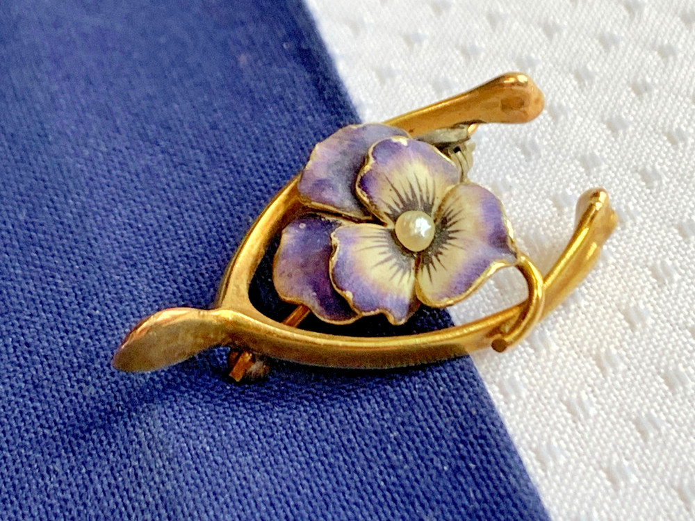 Vtg Heavy Gold Filled Pearl Pin 3.05g Jewelry Pansy In Wishbone Brooch *READ*