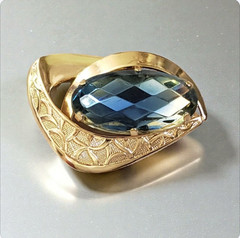 Vintage Blue Faceted Glass Crystal Gold Tone Mid Century Modern Brooch