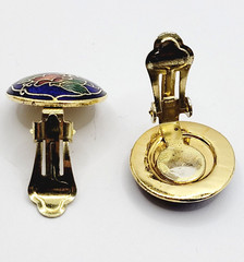 Cloisonné Small Butterfly & Flowers Round Blue Enamel Gold Tone Clip On Earrings